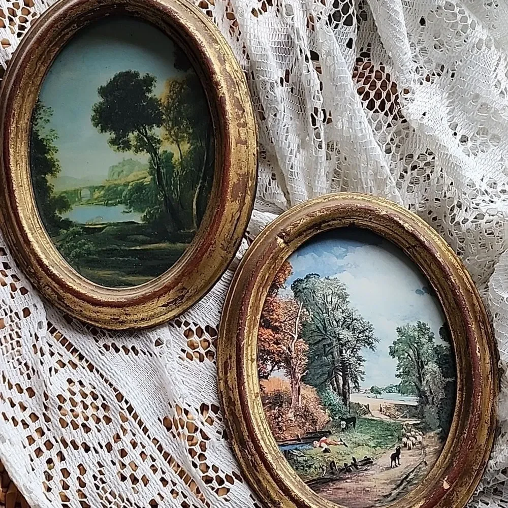 Gilded Italy Vintage Nashco Oval Wooden Framed Scenery Brushed Gold